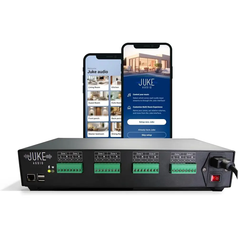 

Juke-8: 8 Zone Multi-Room Ampliier | Built-in Music Streaming & WirelApp Control | Supports 8 Audio Sources Simultaneously | Who