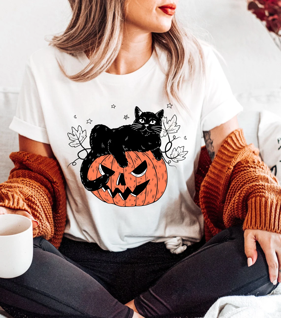 

colored black cat on pumpkin tshirt vintage women short sleeve graphic fall tee shirt