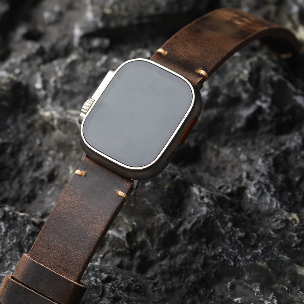 Handmade Top Layer Cowhide Strap Retro Style For iWatch Apple Watch Ultra 2 49MM 45MM 44MM 42MM Men Thickened Watch Chain Brown