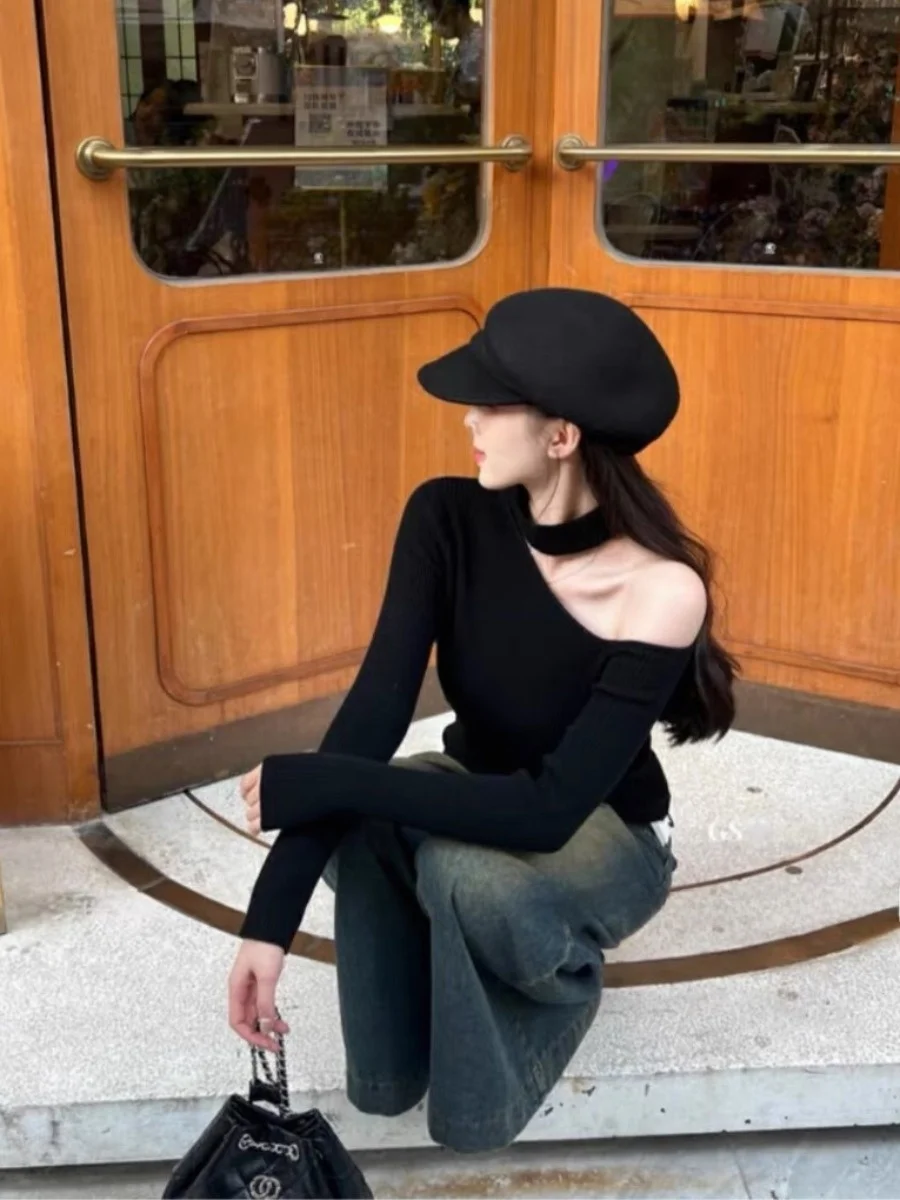Shoulder Bared Knitted Wool Base Shirt Women's Fashion Sweet Style Slim Fit Design Inner Wear Turtleneck Autumn Season Top