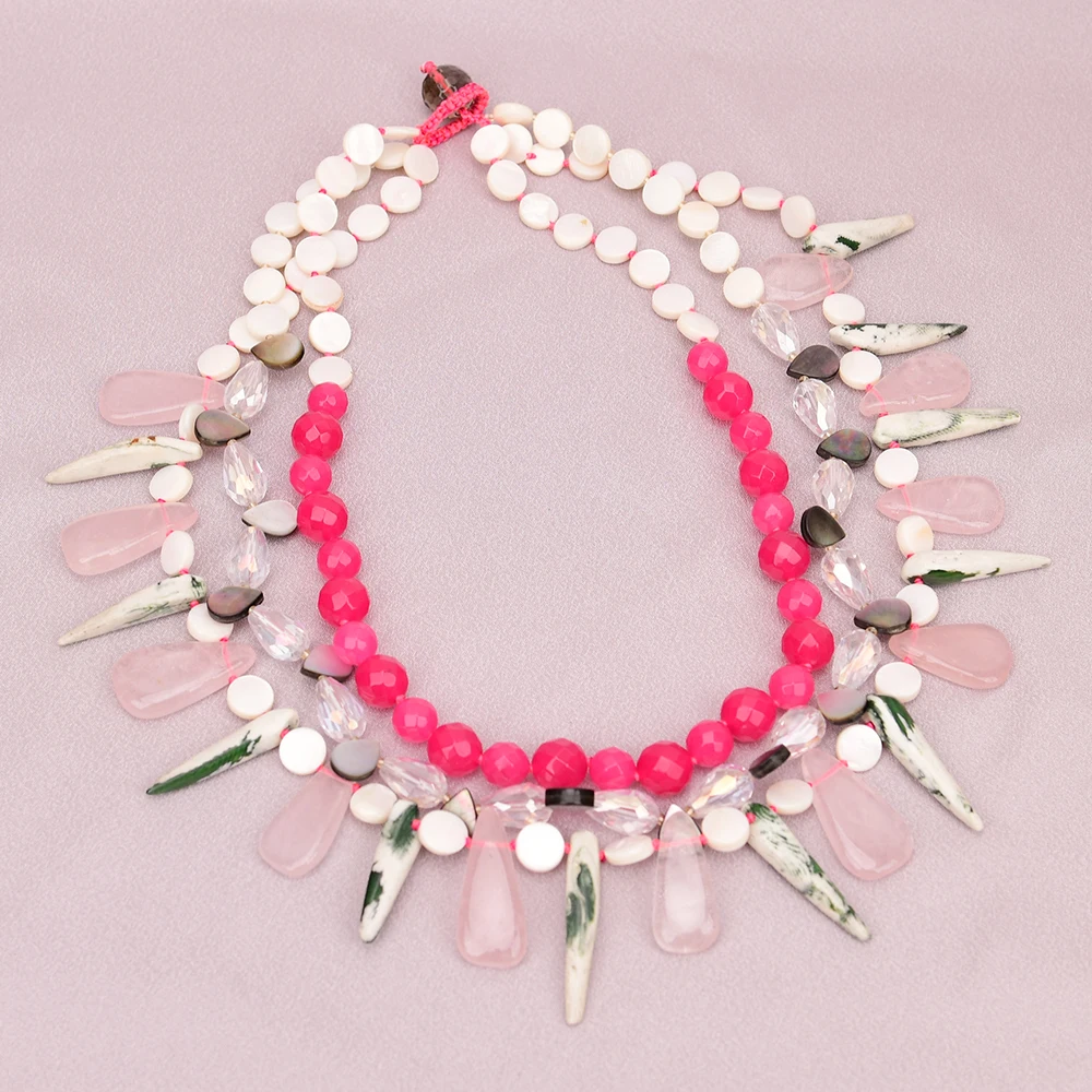 APDGG A40 Handmade 3 Rows Natural Mix Stone Shell Jade Quartz Coral Multi Strands Necklace
