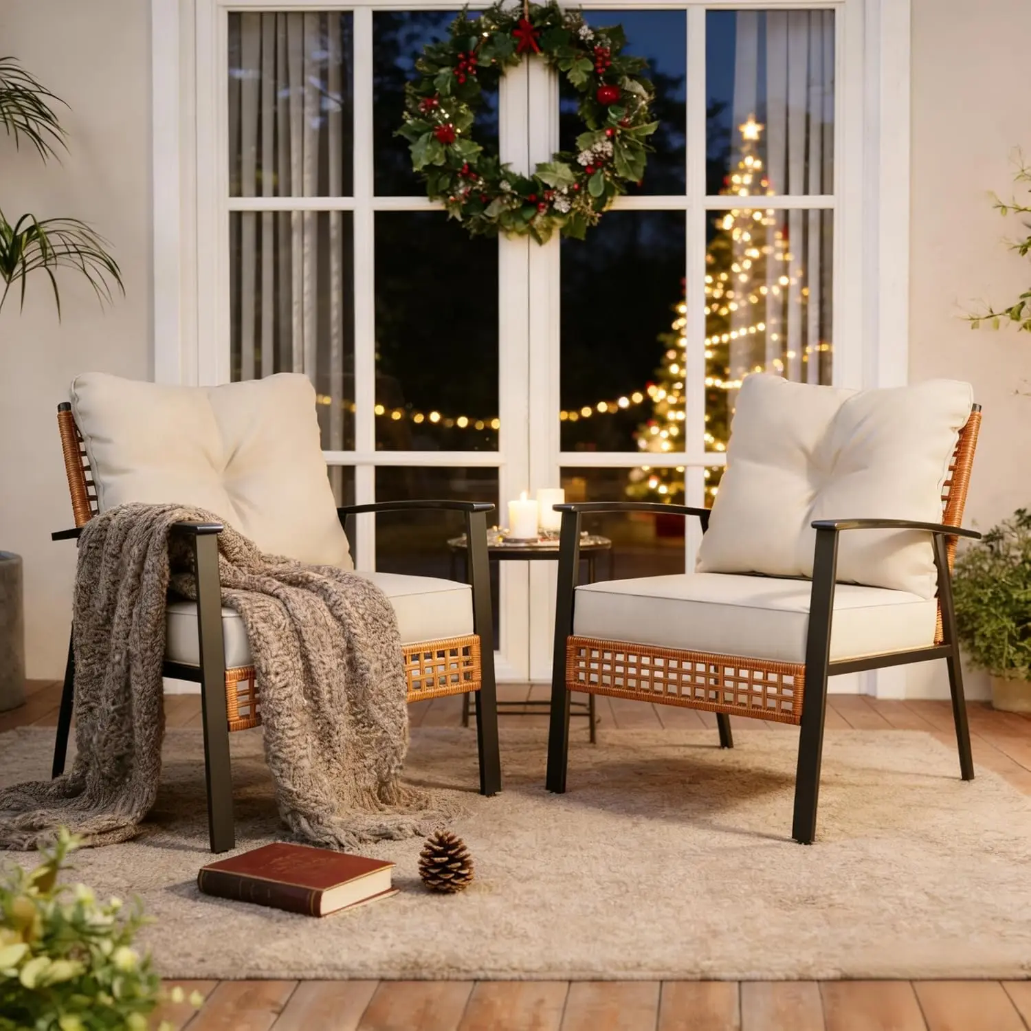 

Oversize Rattan Bistro Chairs Set of 2 Deep Seat Thick Cushions Garden Balcony Backyard, Customized