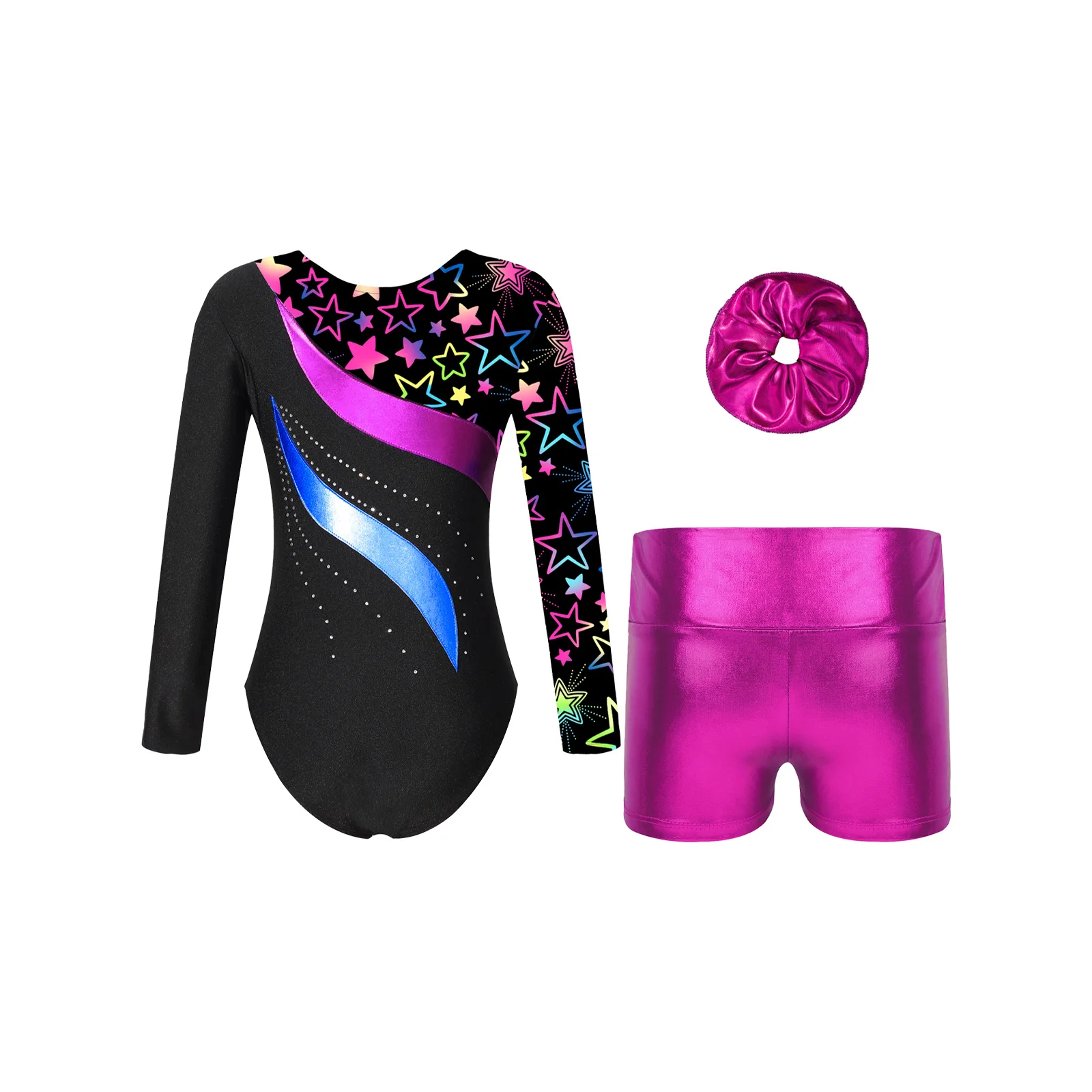 Kids Girls Dance Set Printed Patchwork Leotard with Metallic High Waist Shorts And Hair Tie Headwear for Gymnastics Skating