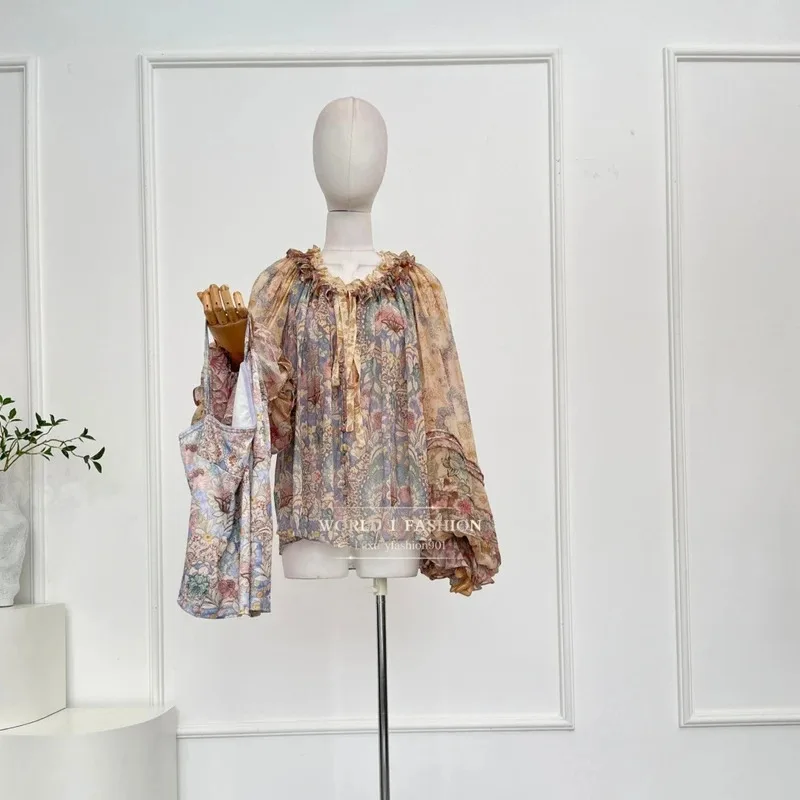 

Women's Vintage Floral Print Blouse Long Sleeve Brown Violet Shirt Autumn 2026 Top