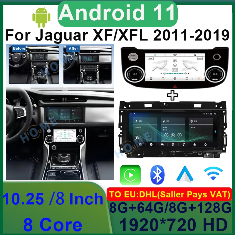 

10.25 / 8 Inch Android 11 8+128G Car Radio Multimedia GPS Navigation Head Unit Stereo Receiver Screen Display For Jaguar XF XFL