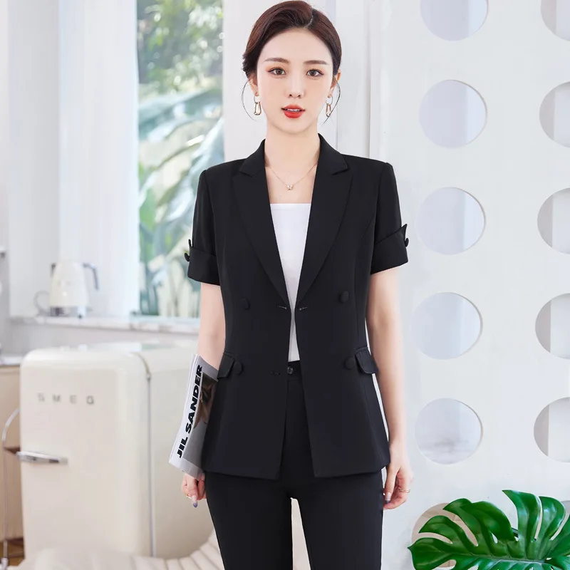 Newest Spring Summer Women Business Suits with Pants and Jackets Coat Short Sleeve Professional Pantsuit Office Work Wear Blazer