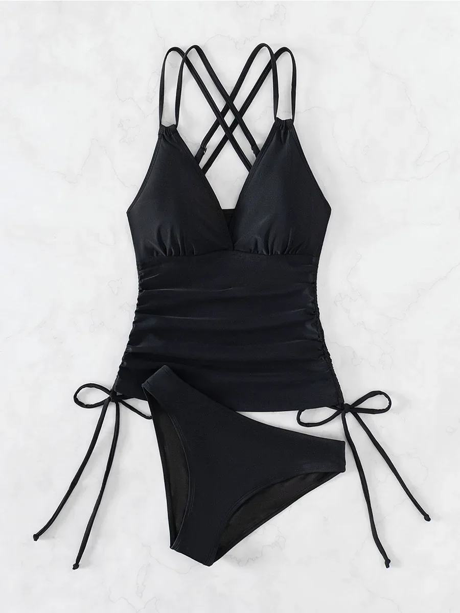 탱키니 솔리드 컬러 수영복 여성 하이웨이스트 V넥 투피스 멜빵 비키니 수영복 레이스업 백리스 수영복 2025 신상