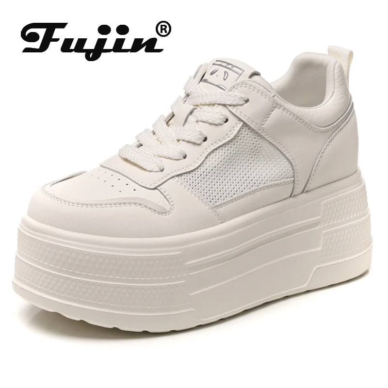 

Fujin 10cm Air Mesh Synthetic Microfiber Leather Combat Platform Wedge Flats Chunky Sneakers Shoes Ankle Boots Women Booties