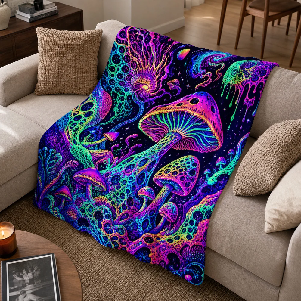 Vibrant Psychedelic Mushroom Throw Blanket for Sofa Couch Boho Aesthetic Neon Art Home Decor Unique Cozy Living Room Xmas Gift