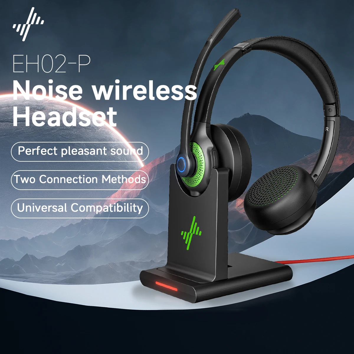 JIAMQISHI Wireless Headset with AI Noise Cancelling Mic Bluetooth V5.2 Headset with USB Dongle Charging Base & Mic Mute