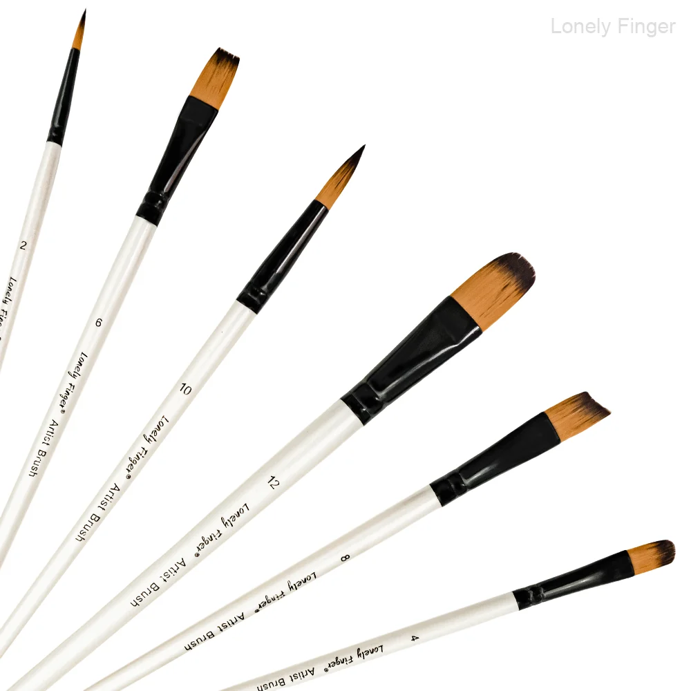 6Pcs White Artist Painting Brushes - 4 Tip Types (Pointed/Flat/Angled/Filbert) for crylic Oil Watercolor Gouache Painting Kit