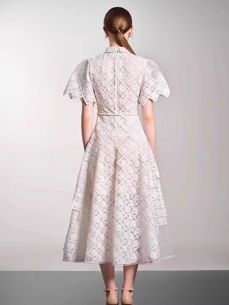 Abiti a rete con fiori 3D di alta qualità Primavera Donna Risvolto a maniche corte Abito grande altalena Abito estivo a vita alta con cerniera al ginocchio