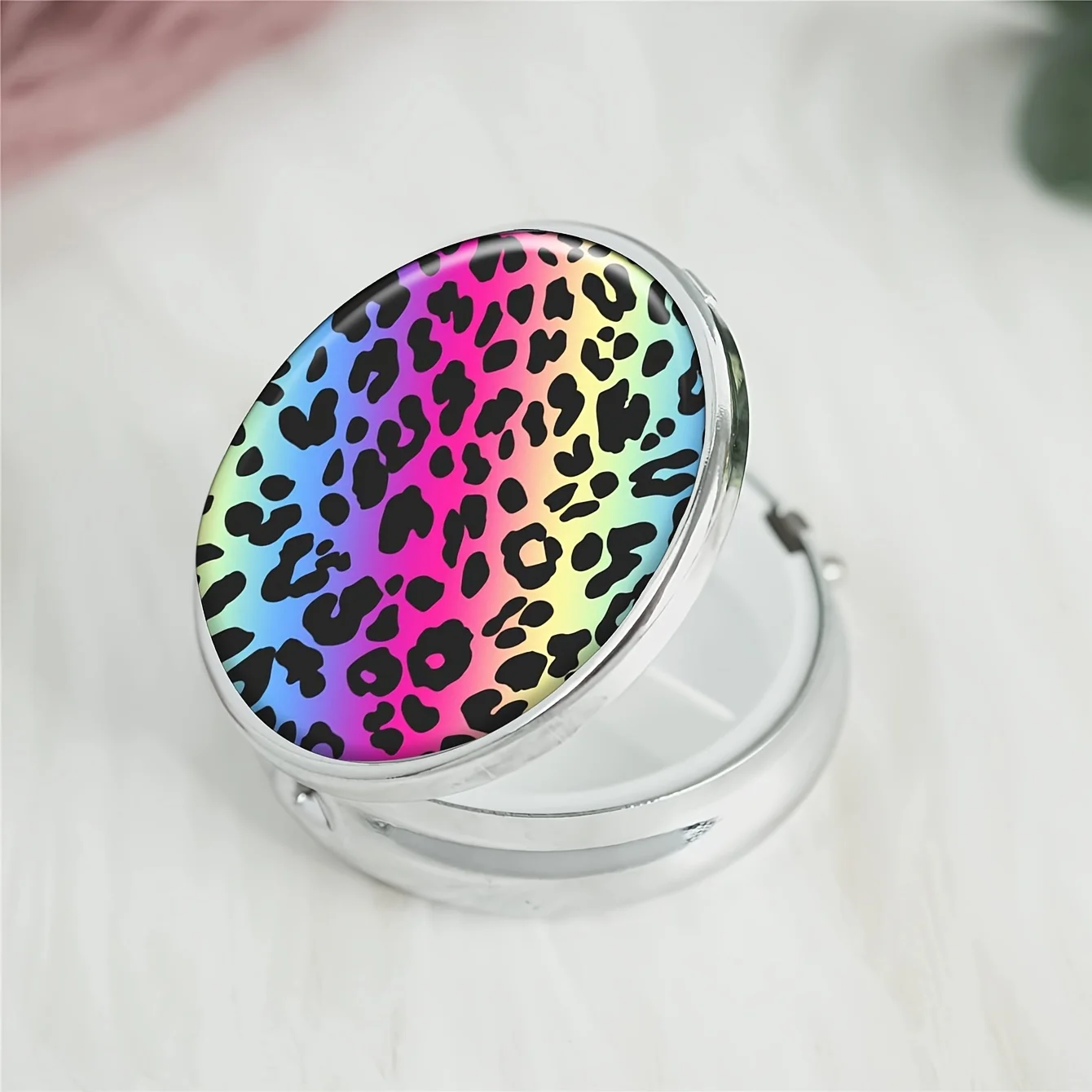 Rainbow Leopard Round Pill Box,Household Portable Medicine Storage Box,3-grid Sub-packaging Medicine Box,For Outdoor Travel