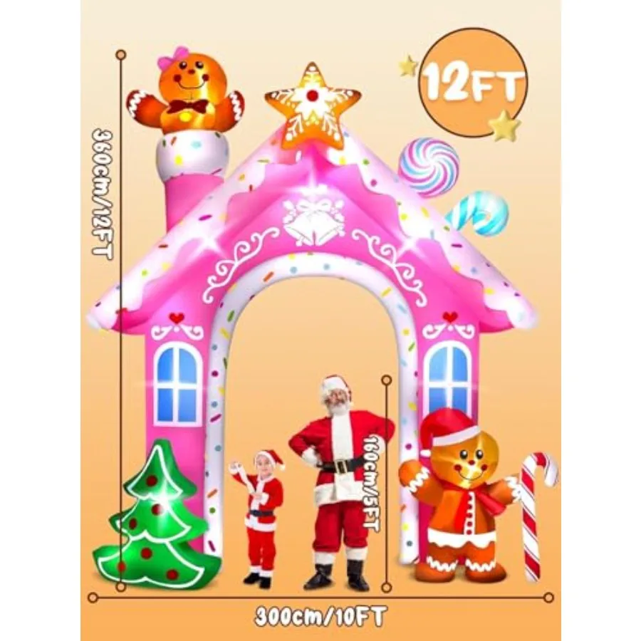 Outdoor Christmas inflatable archway: gingerbread man design, pink, 12FT, built-in LED lights, weather-resistant PVC material f