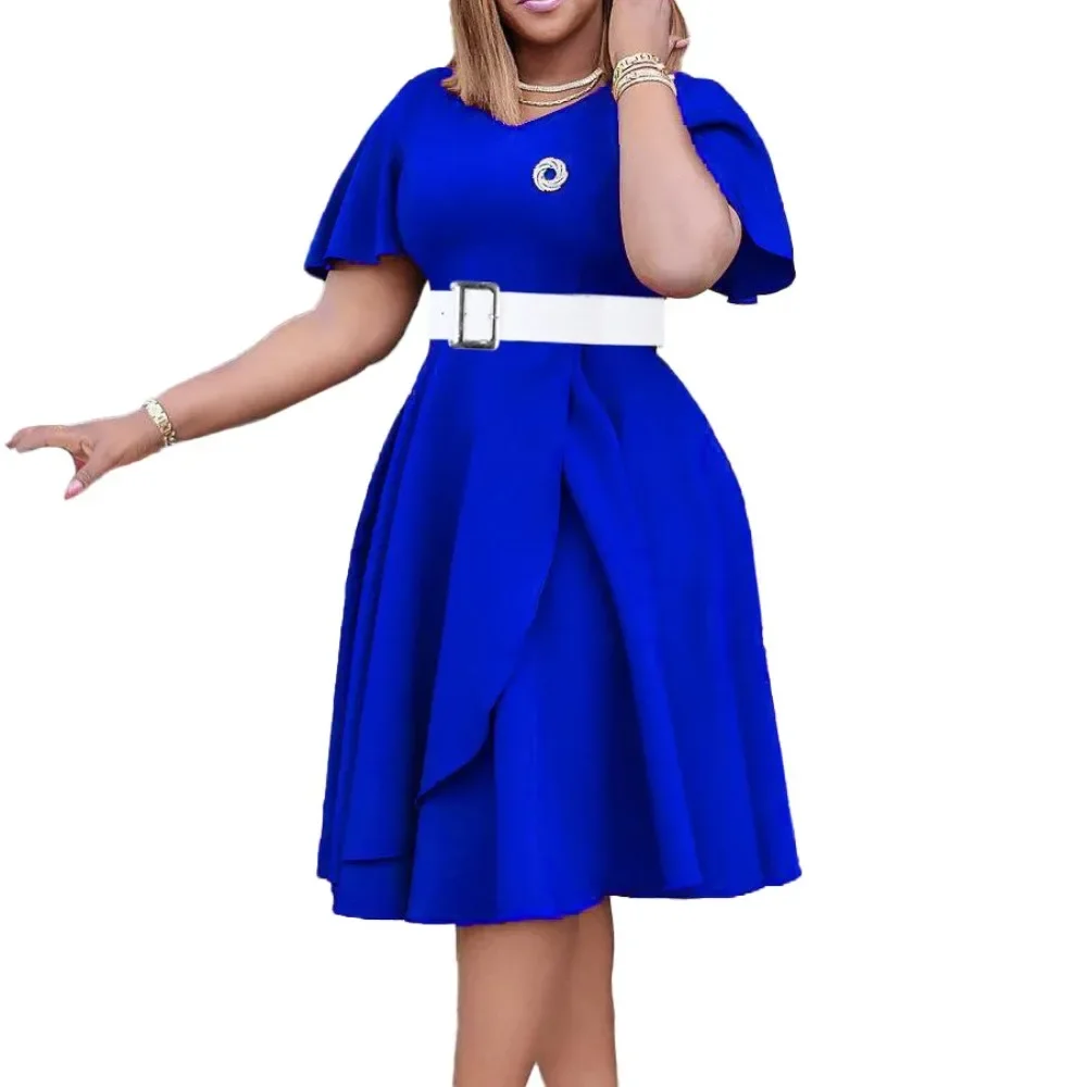 

Elegant Party Dresses Woman V Neck Ruffles Sleeve Belt Waisted Pleated Mid Calf Female Birthday Dinner Vestidos Mujer Dress Robe