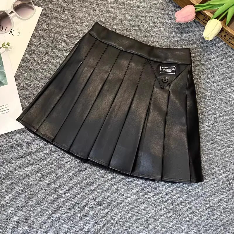 Girls Skirts Kids Faux Leather Skater Skirt Toddler Short Mini Skort Girl High Waist A-Line Skirt Children Clothes Party Wear