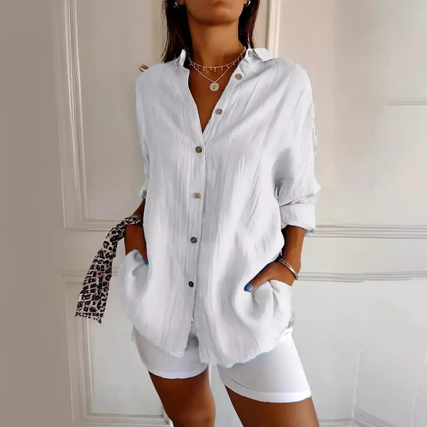 New Women's Shirt Casual Lapel Pleated Single-Breasted Button Solid Color Shirt Office Street Tops Blouses for Female