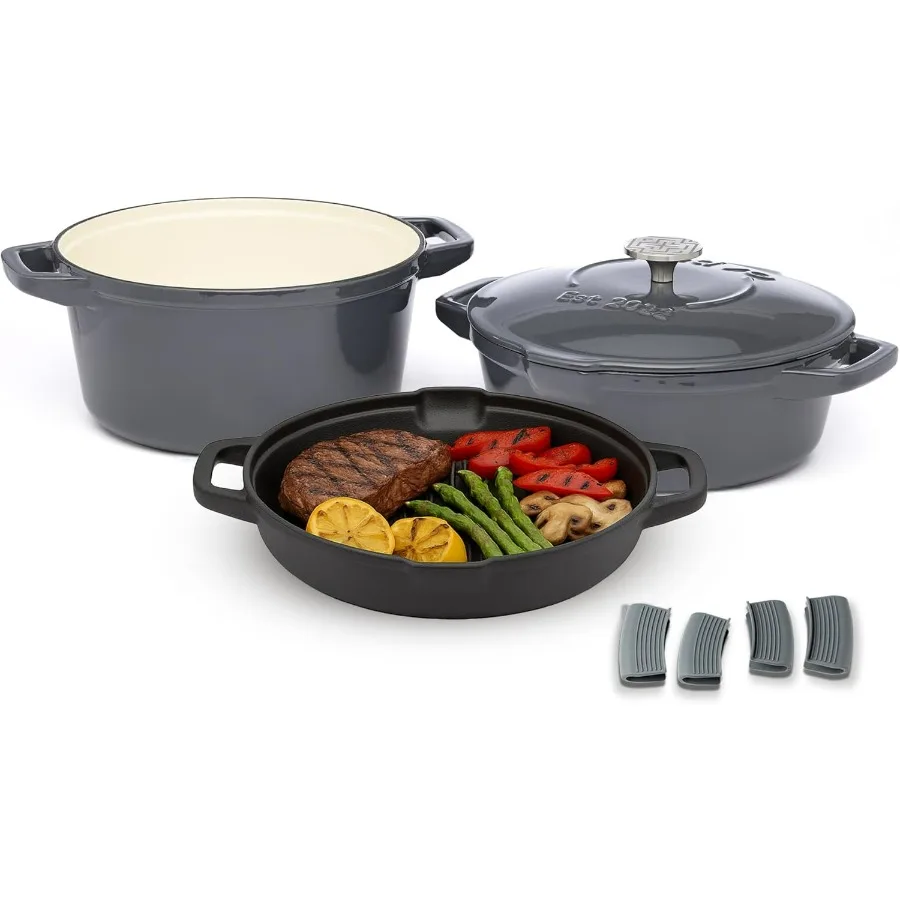 

5 pc Stackable Cast Iron Cookware Set, Versatile Enamel Dutch Oven, Seasoned Grill Pan & Enamel Braiser with Precision Pour Spou