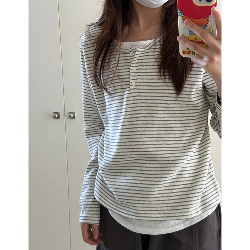 Autumn and Winter New Long Sleeve T-Shirt for Women Sexy Hot Girl Retro Fake Two-Piece Y2K Tops Korean Patchwork Stripes T Shirt