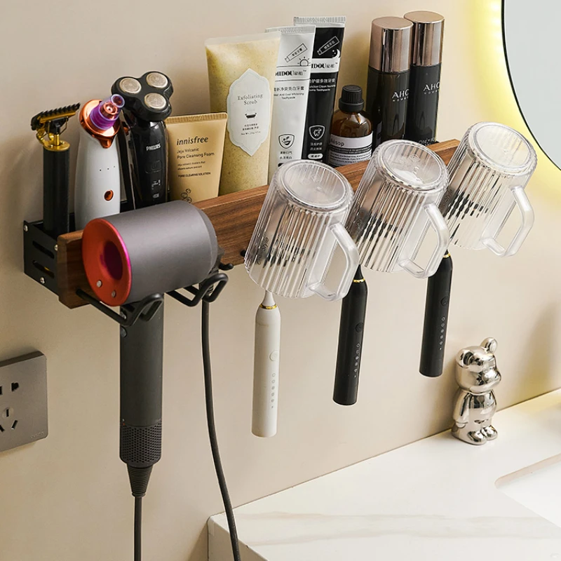 

Integrated Toothbrush And Hair Dryer Storage Rack-Wall-Mounted Bathroom Locks Dehydrator Holder Perforated Walnut Bracket