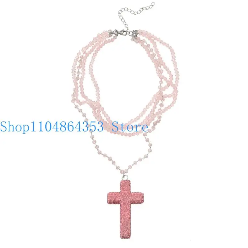 652F Fashionable Stackable Beaded Necklace Adjustable Length Crucifix Charm Clavicle Chain Neck Jewelry Accessories