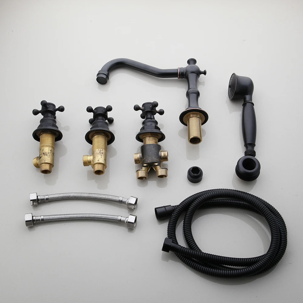 KEMAIDI Solid Brass Bathroom 5 Pcs Bathtub Shower Faucet  Set Deck Mounted 2 Handles ORB Black Bathtub Basin Mixer Faucets