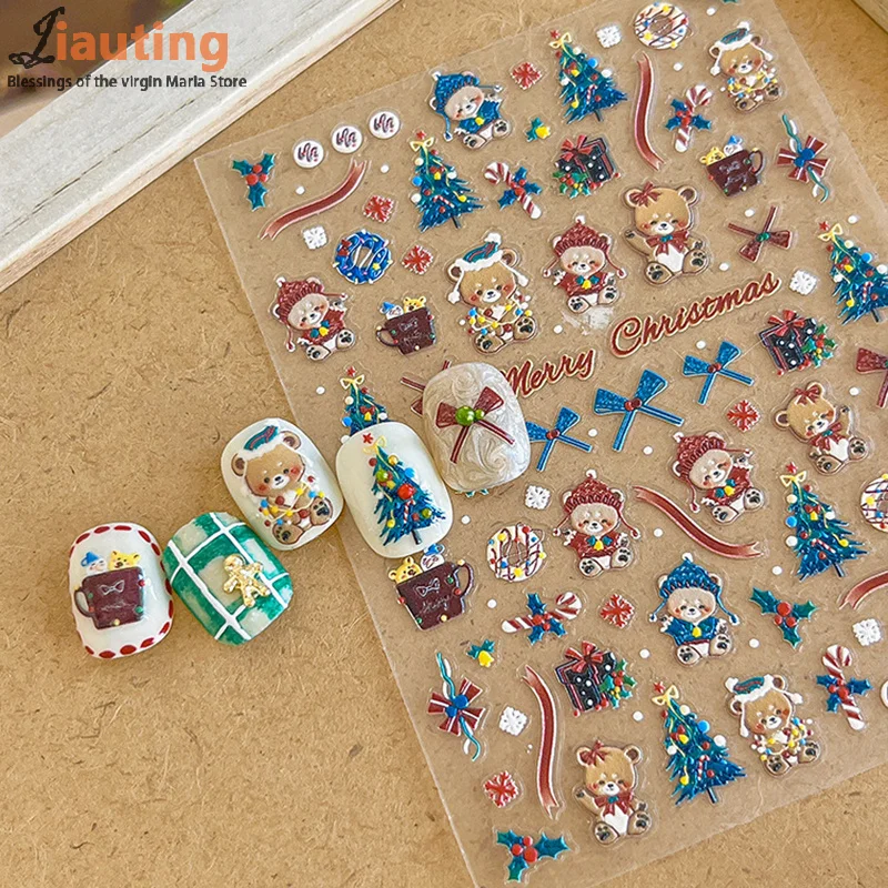 3D Cute Bear Christmas Nail Art Sticker Embossed Christmas Tree Gift Box PVC Adhesive Nail Art Decals DIY Manicure Salon