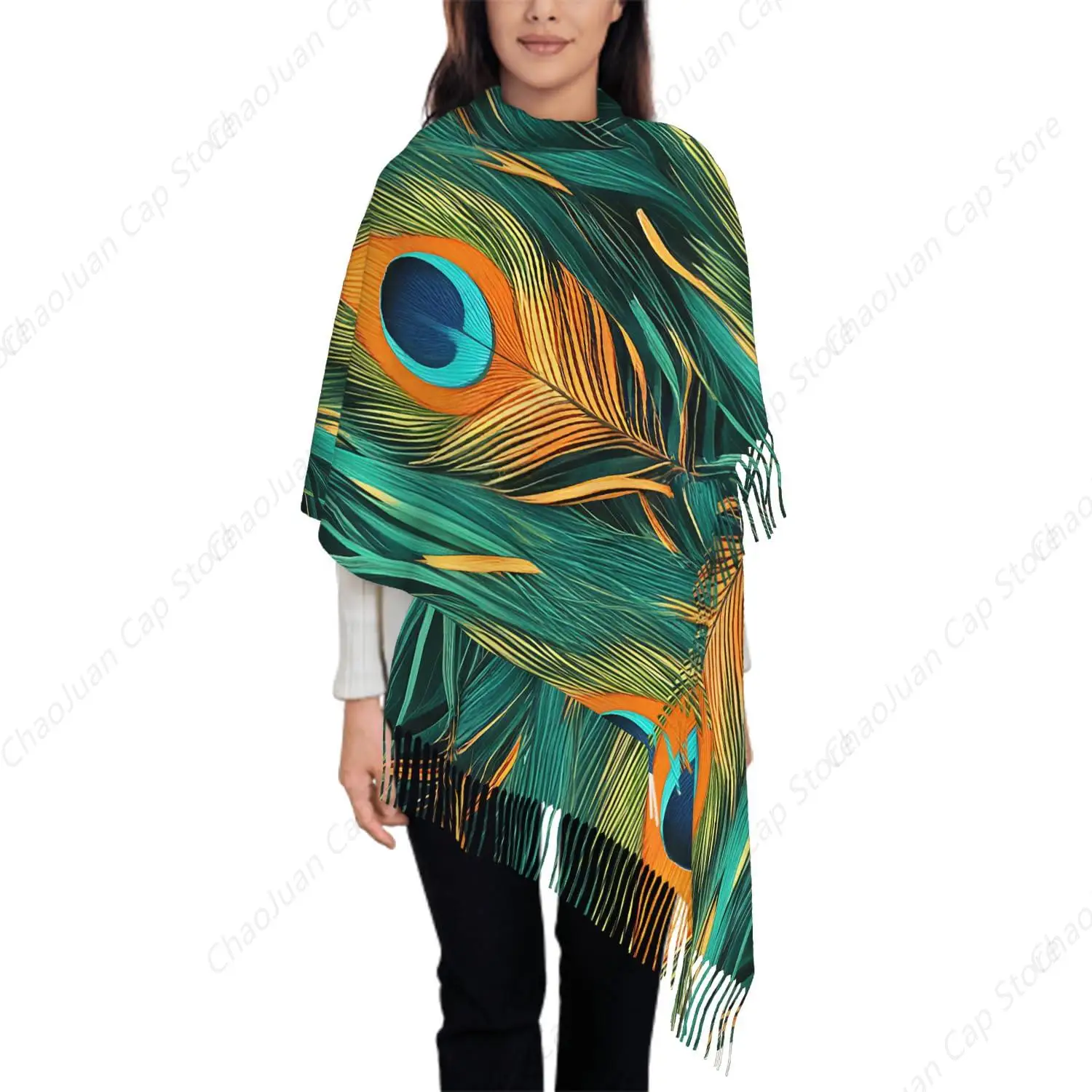 Oversize Scarf for Women Peacock Colorful Feather Bird Tail Turquoise Gold Scarf Tassel Scarves Fall Winter Shawl Wraps