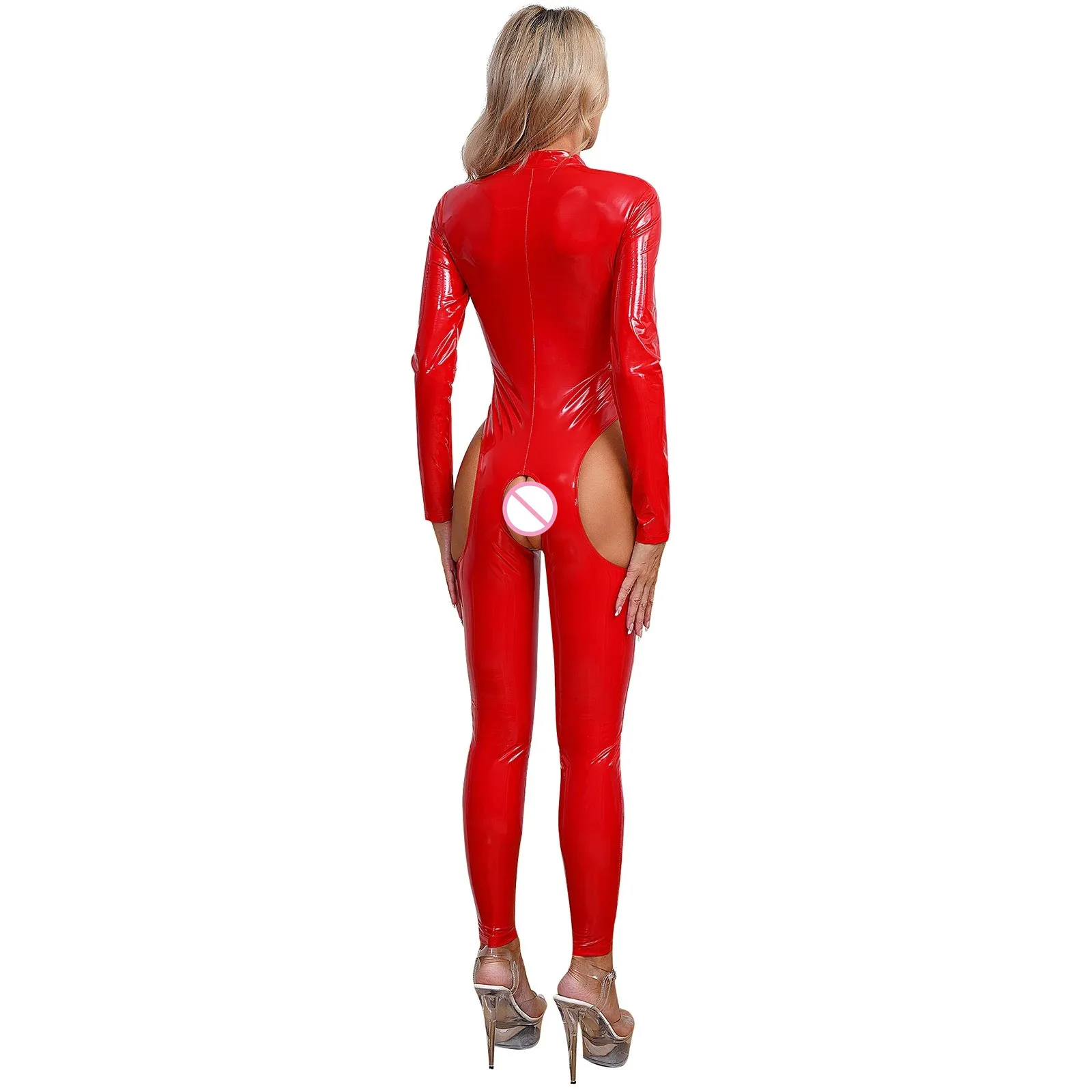 Women Sexy Open Crotch Wet Look Jumpsuit Faux Leather Full Body Suit Latex Catsuit Long Sleeve Zipper Jersey One-Piece Clubwear