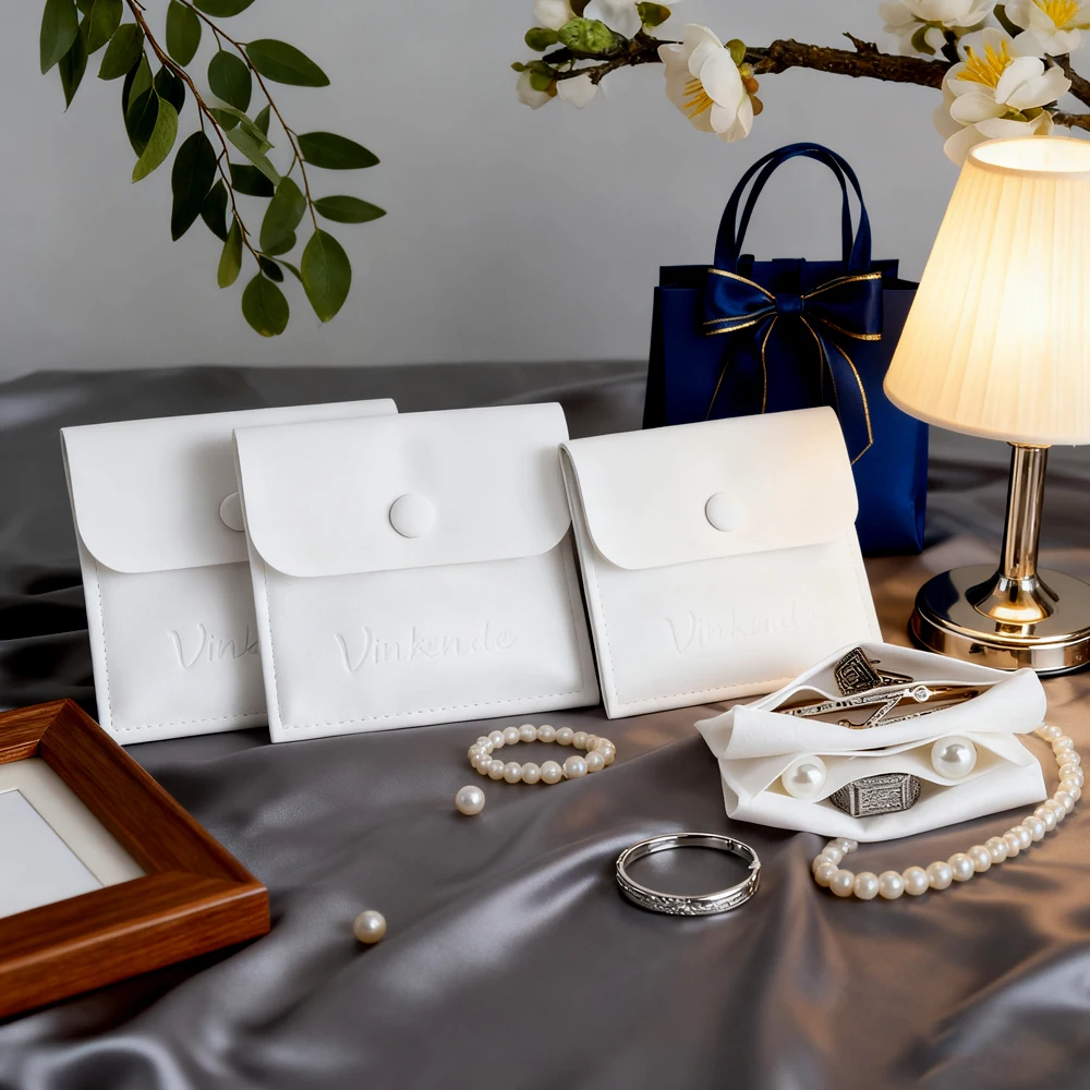 

Custom Logo Microfiber Envelope Snap Button Pouch with Divider Wedding Favor Bags for Jewelry Ring Brooch Necklace Packaging Box