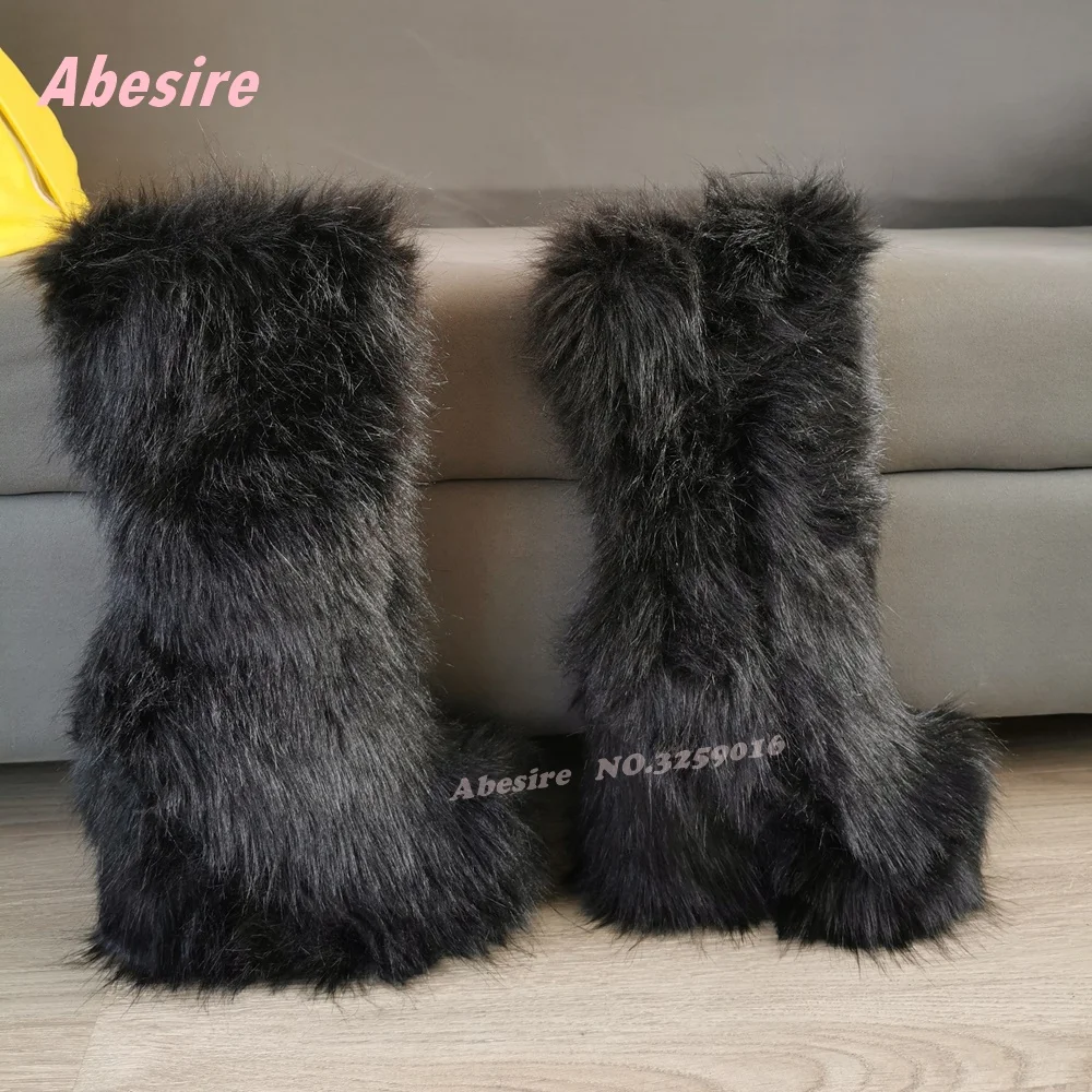 Black Fur Wedges Mid-Calf Boots Winter Fluffy Side Zipper Solid Warm Shoes Luxury 2026 New Platform High Heels Casual Shoes