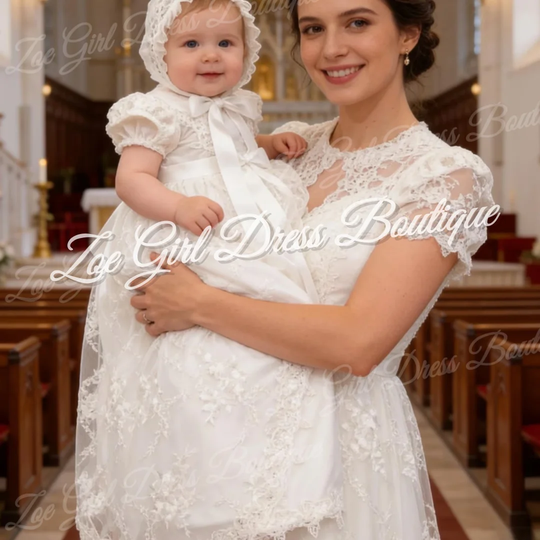 White Puff Sleeve Baby Christening Dress Bow Lace A‑Line Gown Infant Baptism First Holy Communion Customized Gowns