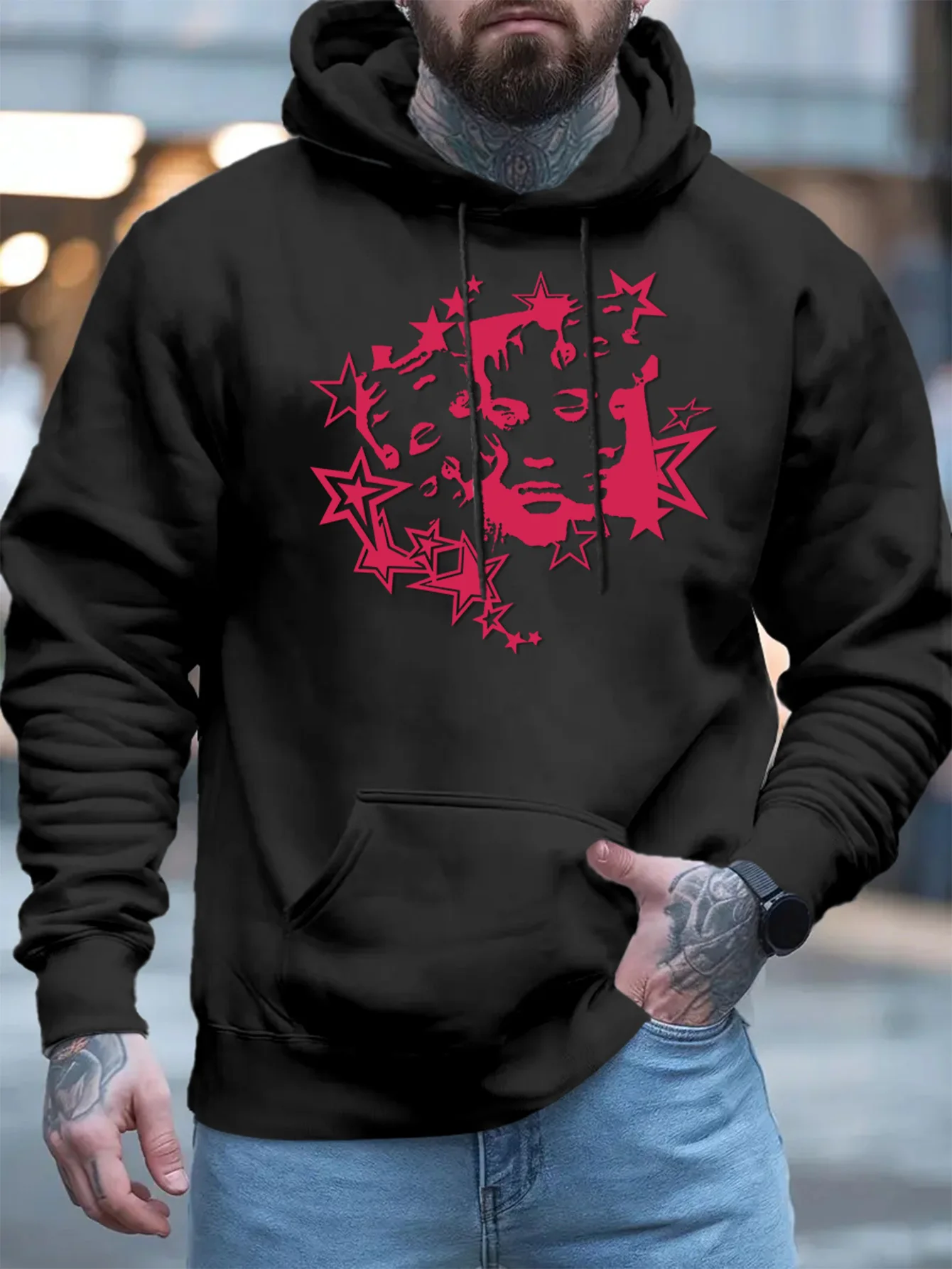 

2025 Men's New Autumn and Winter Hooded Sweatshirts Men'S Casual Sweatshirt with Geometric Star Print