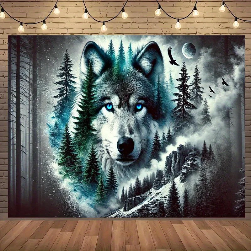 Luminous Polar Wolf Tapestry Cool Scandinavian Forest Art for Living Room or Study –Wild Nature Wall Background with Arctic Glow
