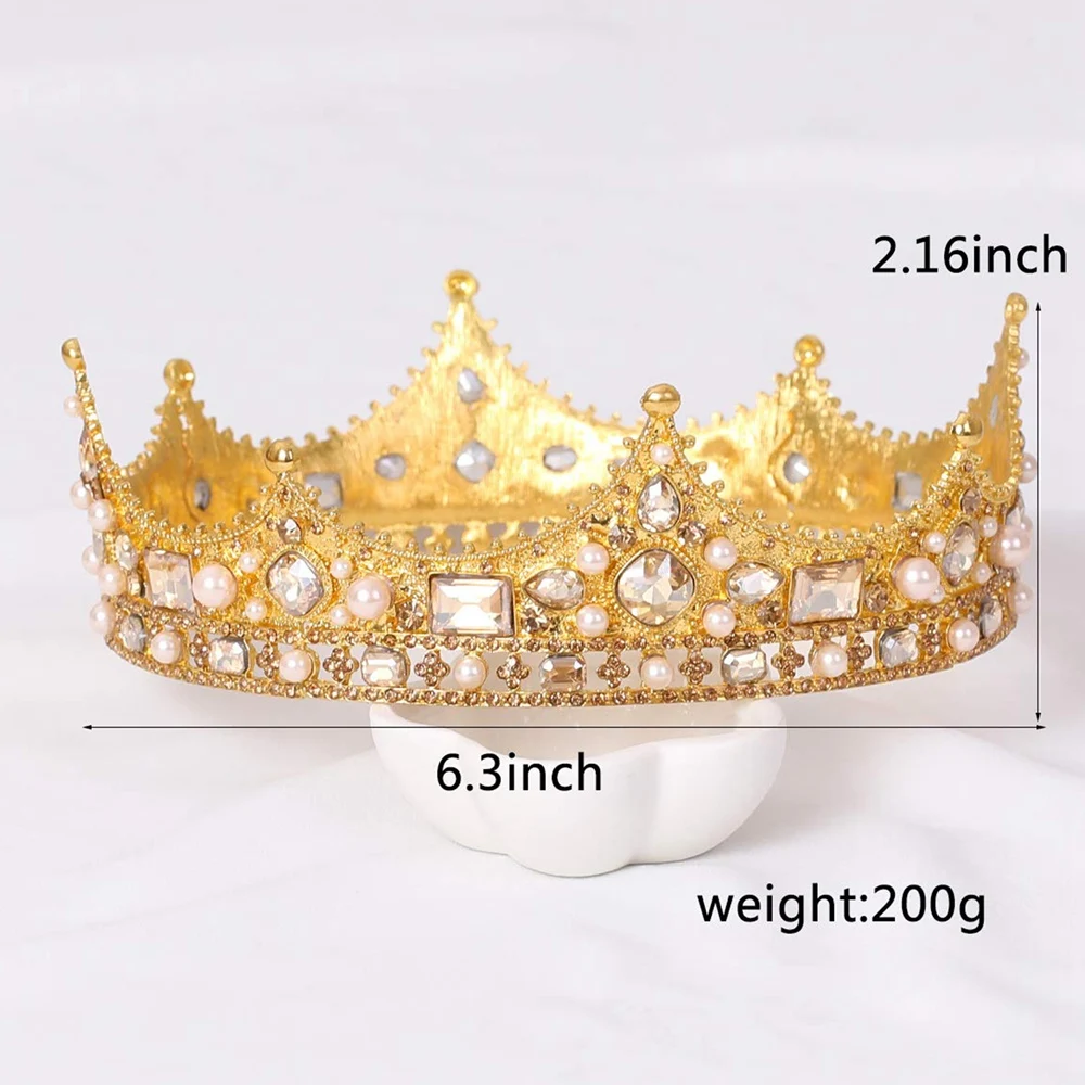 Koning Kroon Voor Mannen Kostuum Accessoire Prom Tiara Barok Vintage Kristallen Parel Bruids Bruiloft Tiara 'S (Goud)