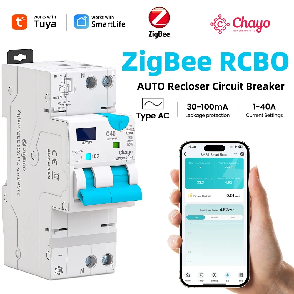 Chayo Type AC ZigBee RCBO Adjustable Smart Residual Current Circuit breaker with Overcurrent and Leakage Protection