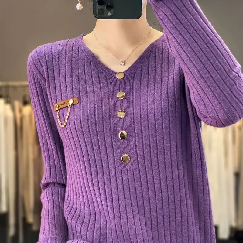 Autumn and Winter Women's Pullover V-neck Solid Button Screw Thread Rivet Lantern Long Sleeve Fashion Office Lady Casual Tops