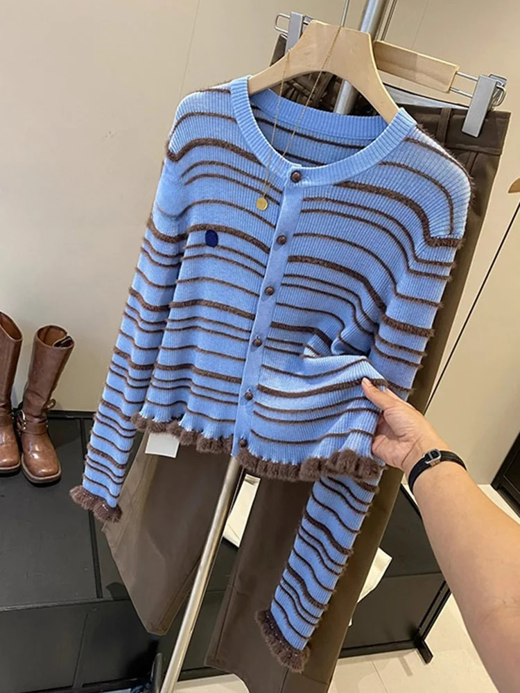 

Comfortable Knitted Camere Sweater Coat Long Sve round Ne Striped Women's Faion Anti-aging Lazy Sle Outerwear