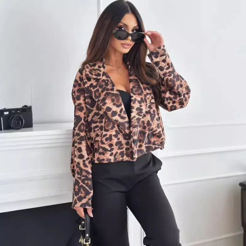 Leopard Print Lapel Cropped Blazer Double Breasted Loose Short Coat Women Streetwear Daily Casual Jacket