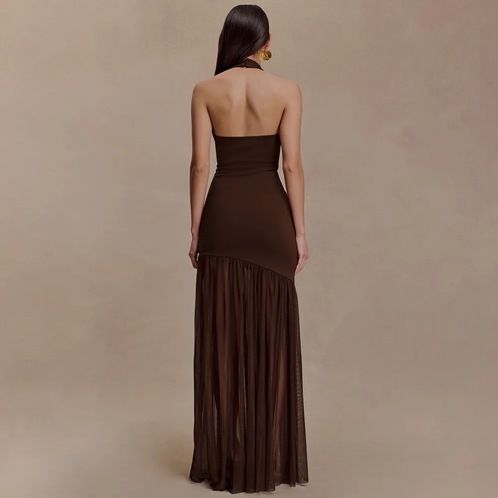 Apprabant Sexy Halter Deep V Neck Cut Out Mesh Maxi Dress Women Elegant Backless Ruched A-line Gown Evening Party Wedding Outfit