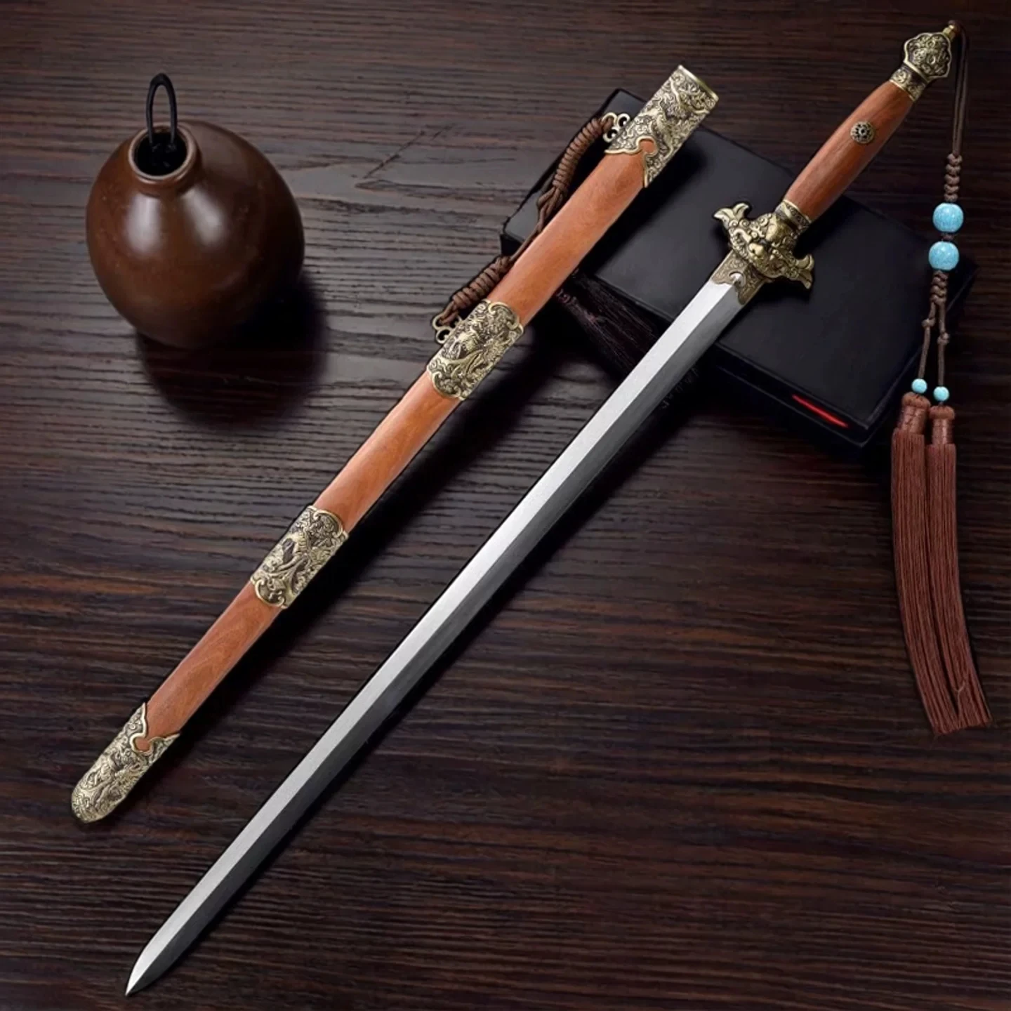 Dragon Qing Sword Chinese Sword Hundred-Times Forged Pattern Steel Vintage Decorative Collection Craft Ornament Free Sword Stand