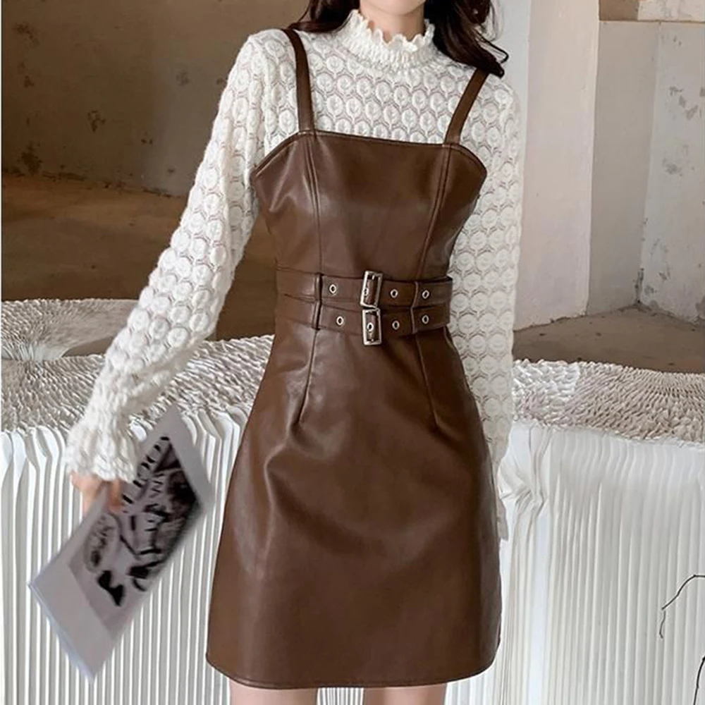 

suspender small leather skirt a word skirt 2025 new fashion spring and autumn winter temperament slim PU leather dress