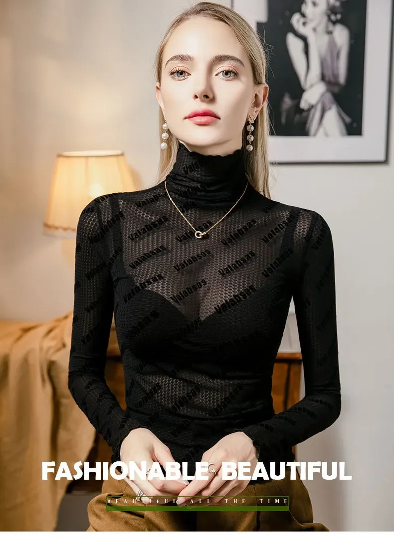 # 4263 Maglietta dolcevita nera da donna Lettere elastiche sottili Vedi attraverso la maglietta da donna Maglietta skinny sexy da donna Primavera Autunno