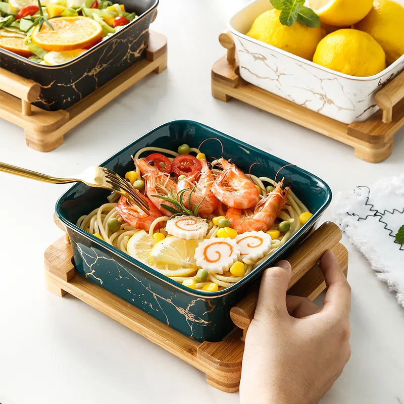 Nordic creative fruit salad bowl wholesale wooden frame square marble ceramic fruit plate simple square dessert plate