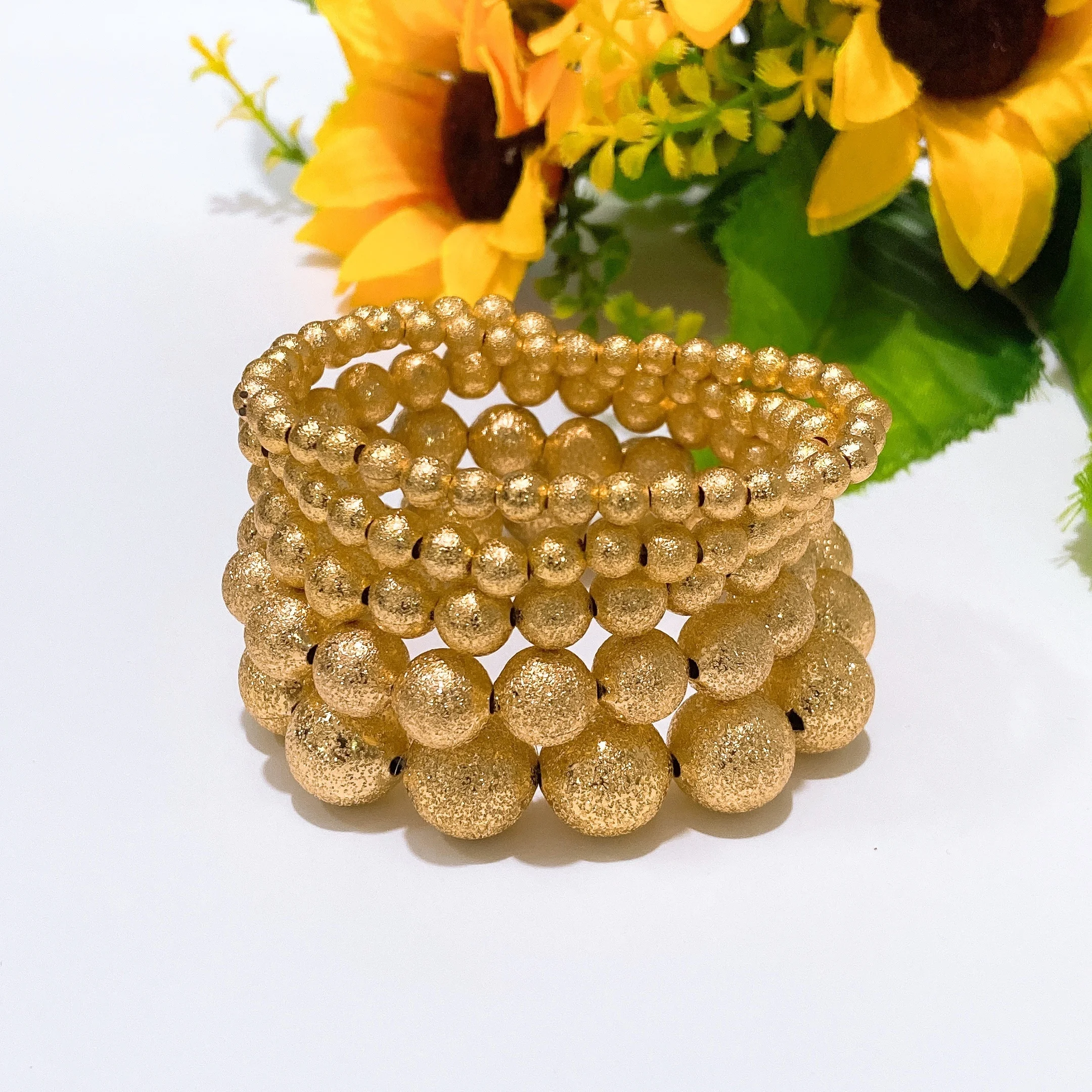 New In Elegant Gold Tone Metal Beaded Bracelet with Black Crystal Accents Trendy Multi-Layer Elastic Bangle for Daily Wear