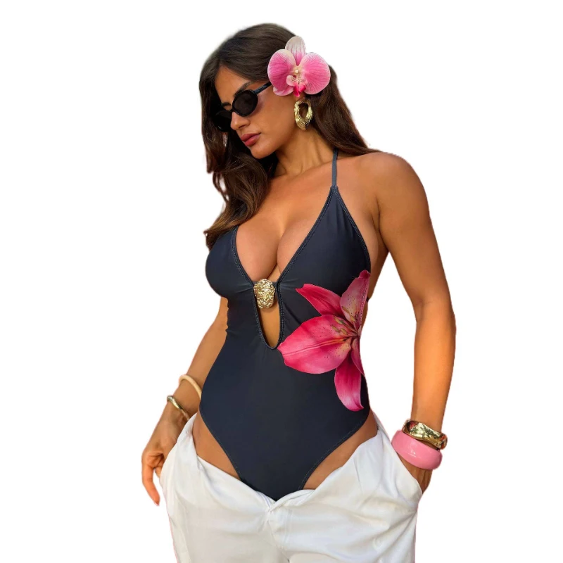 Resort-style printed sexy swimsuit with slimming cut-out design for the beachVWomen's halter neck one-piece