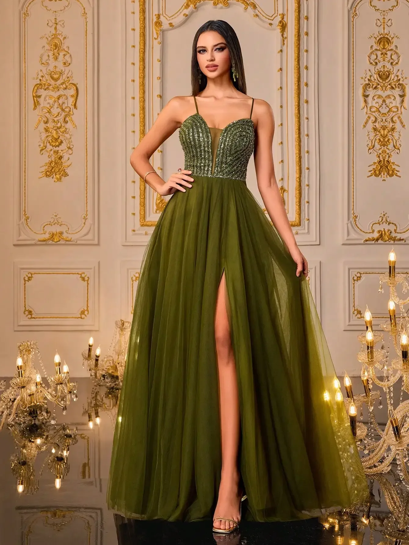 

Elegant Olive Green Embellished Tulle Gown with High Slit and Spaghetti Straps