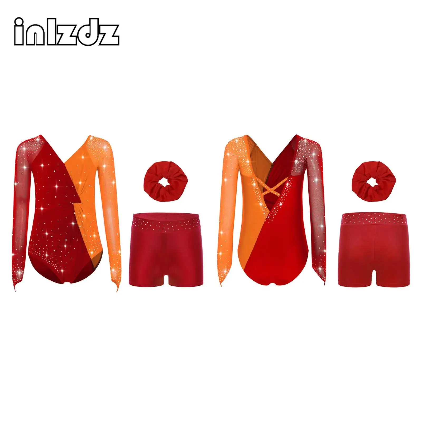 

Girl Ballet Figure Skating Gymnastics Outfit Long Sleeves Rhinestones Mesh Color Block Leotard+Shorts+Headwear 3-piece Dancewear