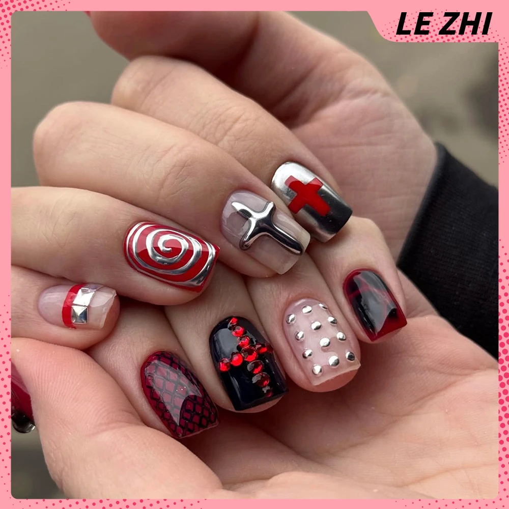 Y2K التوابل الفتيات 10 قطعة اليدوية القوطية الشرير الصحافة على رسومات أظافر مربع عارية اللون المعادن إلكتروني تصميم الأظافر كاذبة هدايا مخصصة