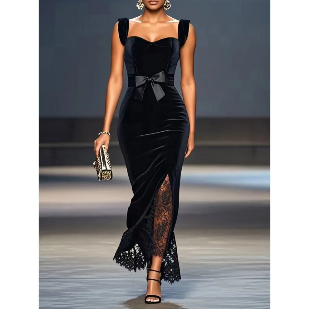 

Customized Black Velvet Mother of Birde Dresses 2026 for Women Wedding Lace Mermaid Maxi Evening Dress Bow Formal Party Gowns